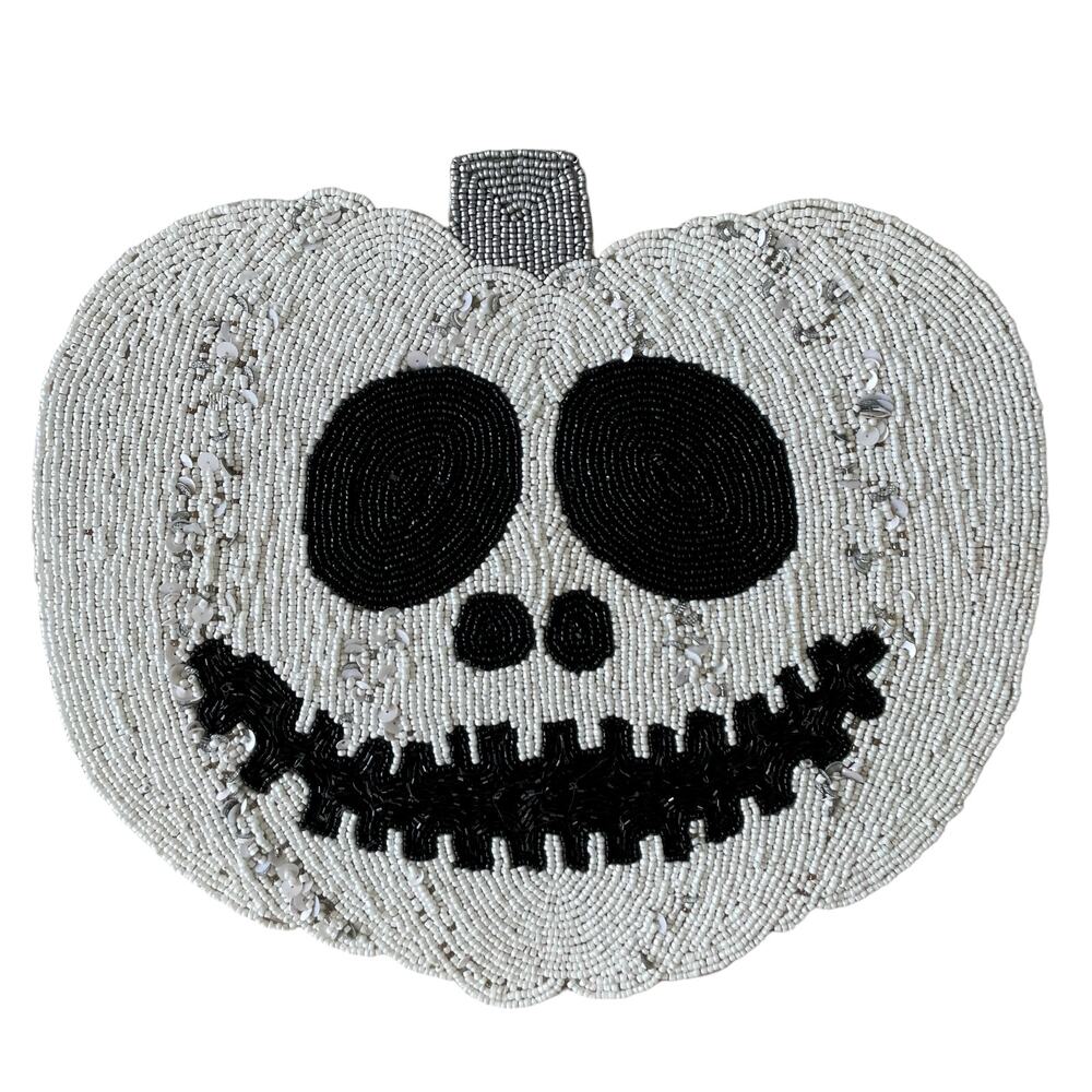 Christian Siriano Halloween Jack O Lantern Beaded Placemat 15" Black White NEW